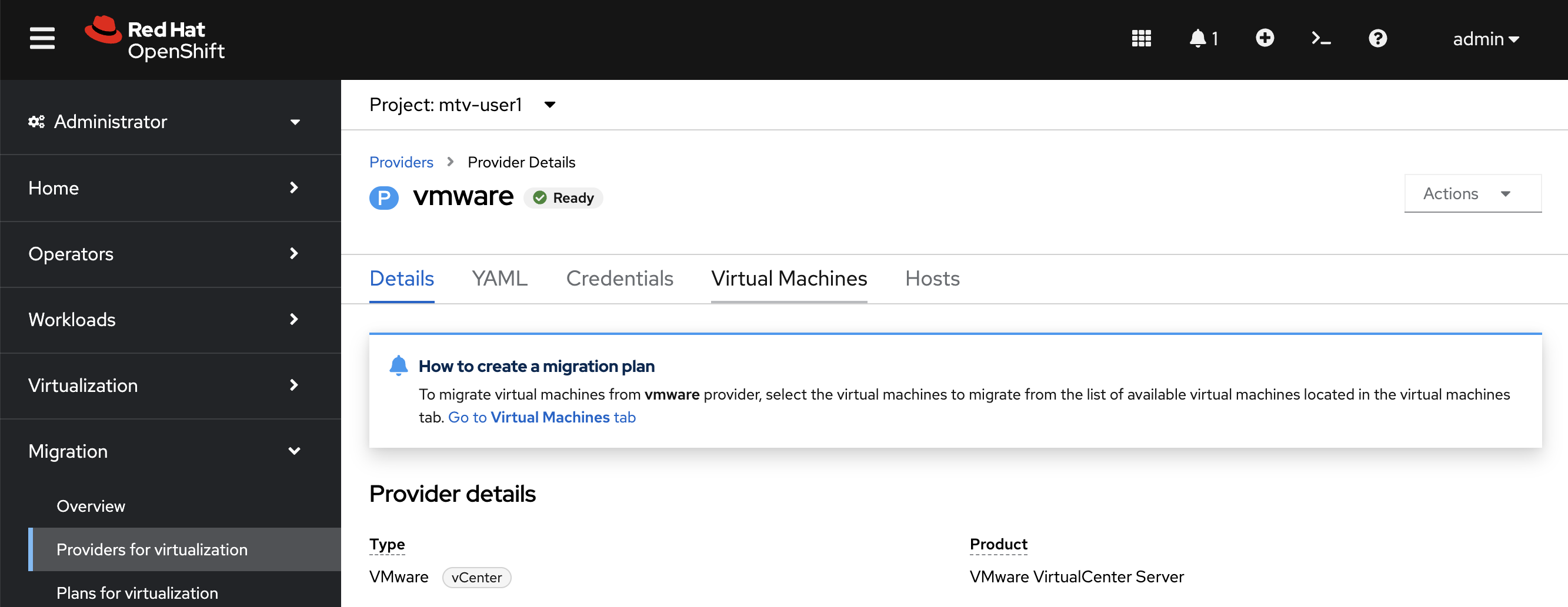 view of Virtual Machines tab to view the VMs discovered by OpenShift Virtualization from the provider.
