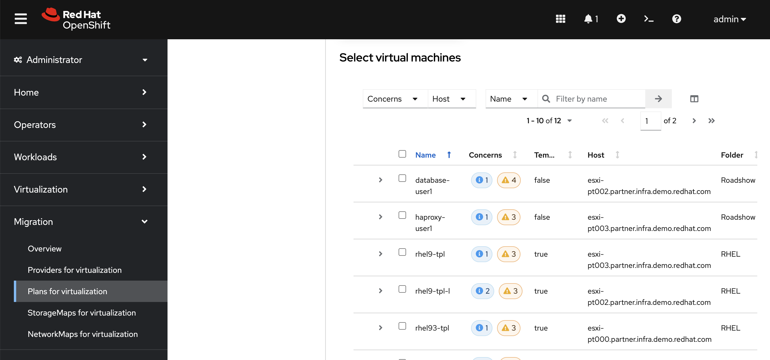 Create Migration Plan screen where you Select the VMs to include in your migration plan in Red Hat OpenShift web console .