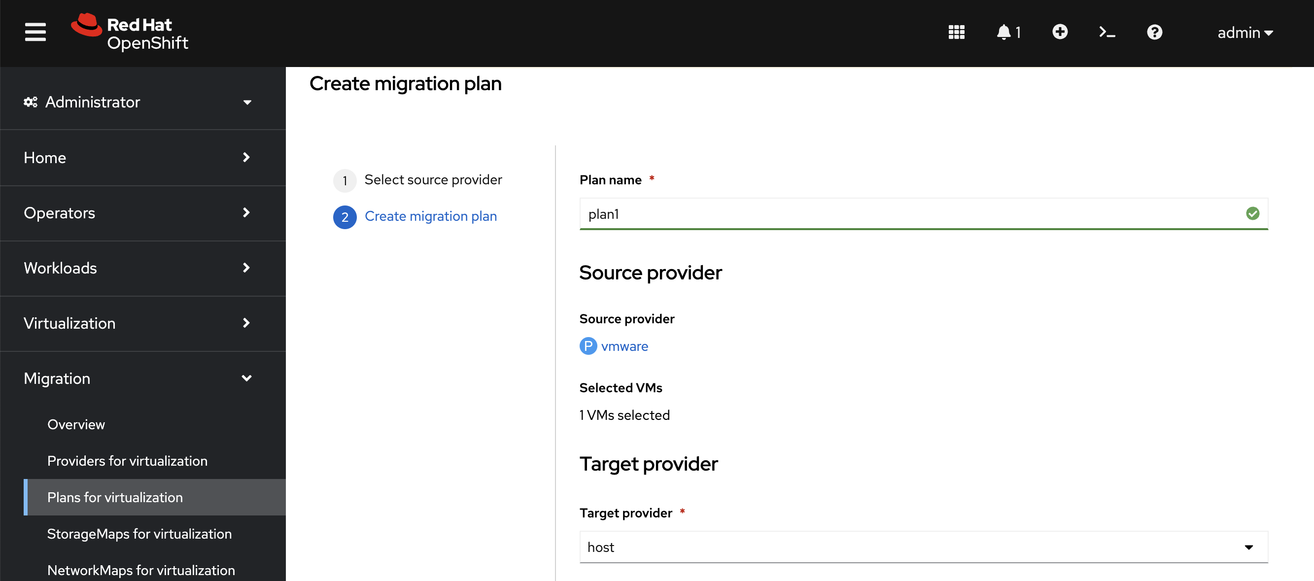 complete the Migration Plan form in Red Hat OpenShift web console .