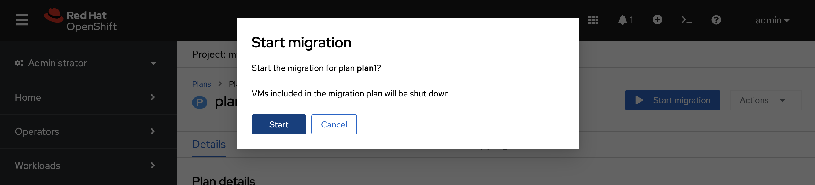 start migration pop up windown in Red Hat OpenShift web console.