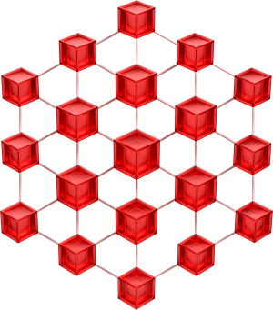 A graphic of Clusters, shown as a network of interconnected, translucent red cubes