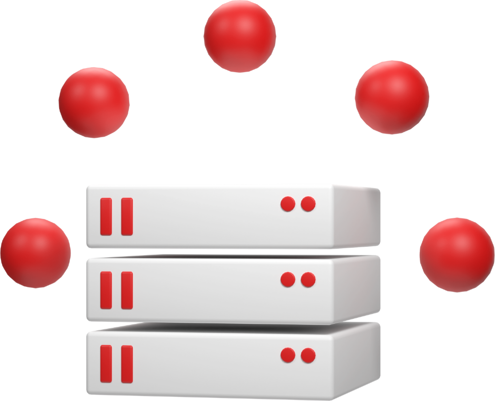 3D gray server with red buttons. 5 red balls hover around server