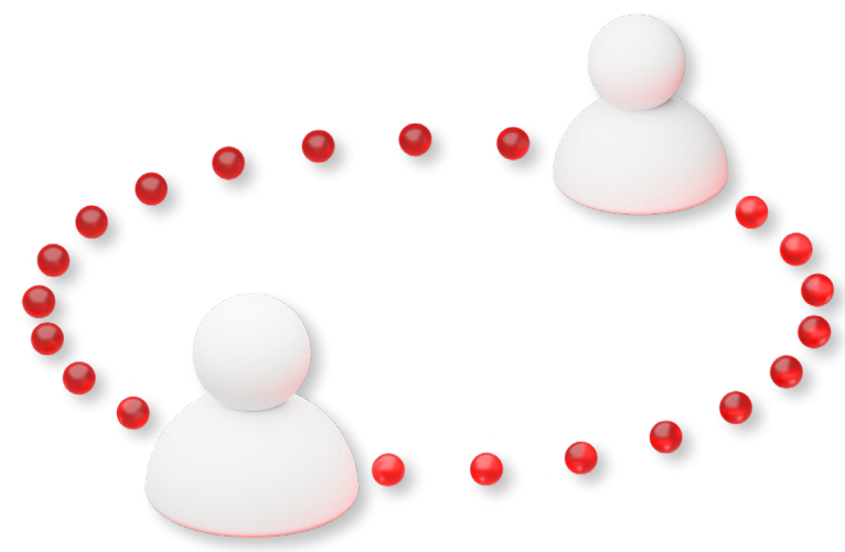 Two abstract white figures connected by a loop of red dots