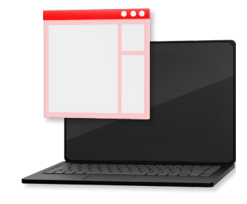 A black laptop with a floating red-and-pink application window