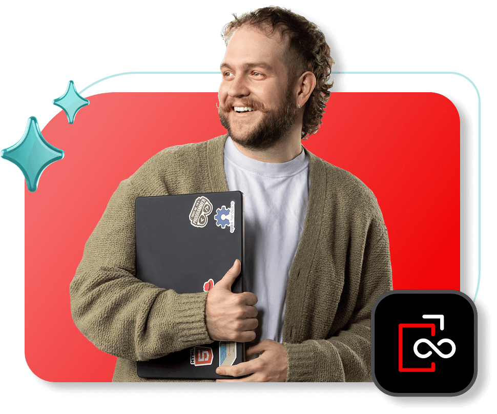 Collage of a man holding a laptop with the Red Hat Advanced Developer Suite product icon