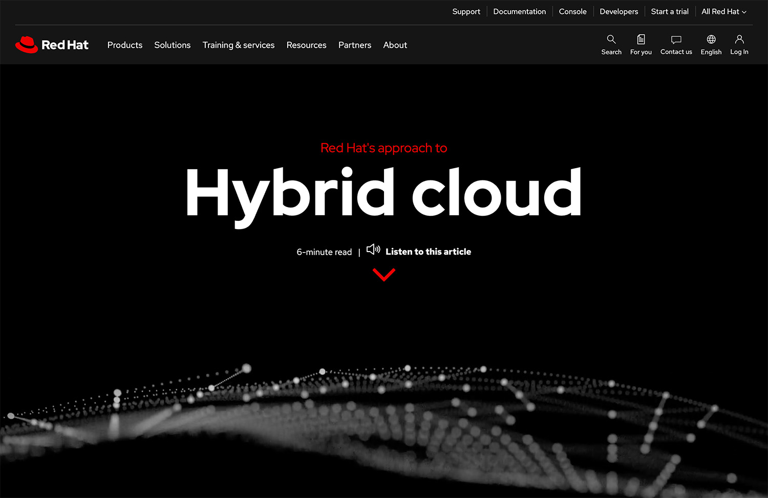 A screenshot of the Red Hat's approach to hybrid cloud website.