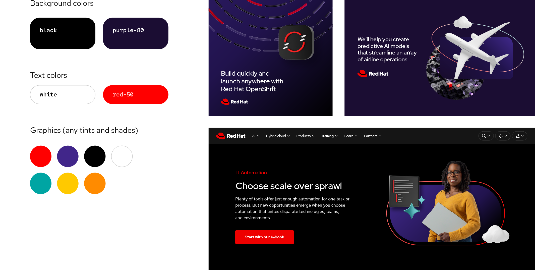 A color palette shows three ways to use colors in expressive dark applications. Backgrounds can be black or purple-80. Text can be white or red. Other graphics can be any tints or shades of Red Hat red, purple, black, white, teal, orange, and yellow. To the right are 3 example images using the expressive dark color collection.