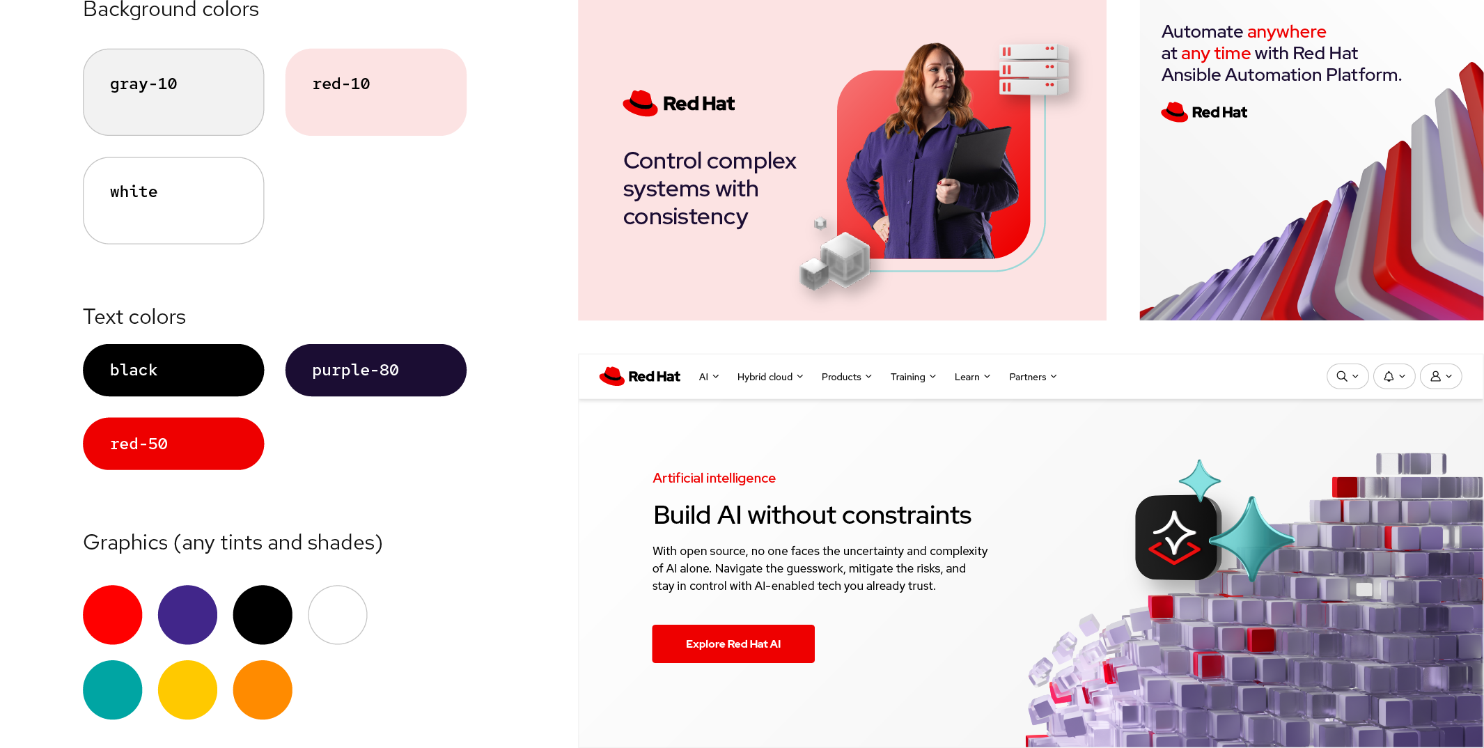 A color palette shows three ways to use colors in expressive light applications. Backgrounds can be gray-10, red-10, or white. Text can be black, purple-80, or red-50. Other graphics can be any tints or shades of Red Hat red, purple, black, white, teal, orange, and yellow. To the right are 3 example images using the expressive dark color collection.