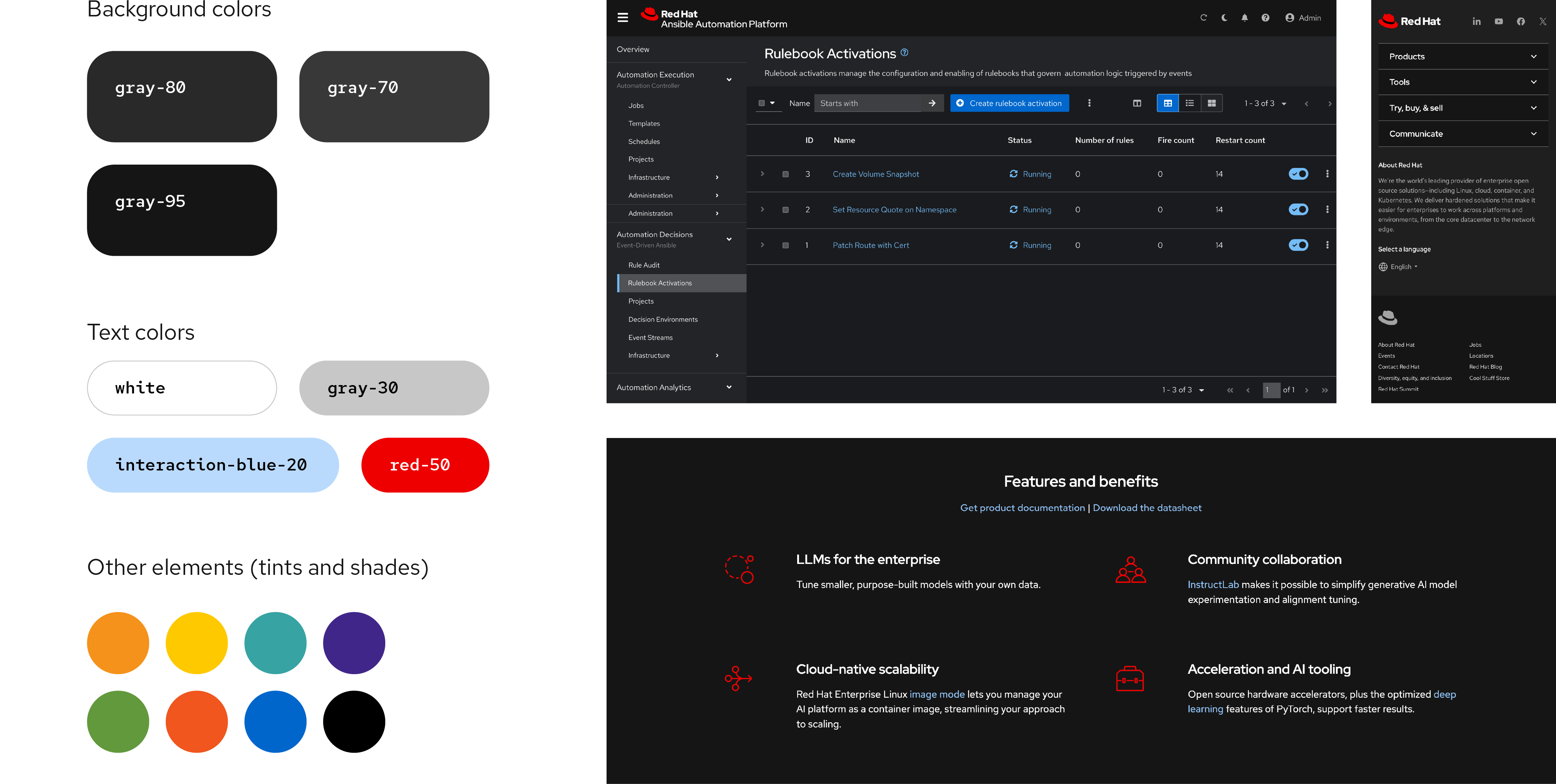 A color palette shows three ways to use colors in dark interface applications. The most common background colors are gray-95, gray-80, and gray-70. Text can be white, gray-30, interaction-blue-20, or red-50. Other graphics can be any tints or shades of any other color from the Red Hat color palette. To the right are 3 example images using the dark interface color collection.