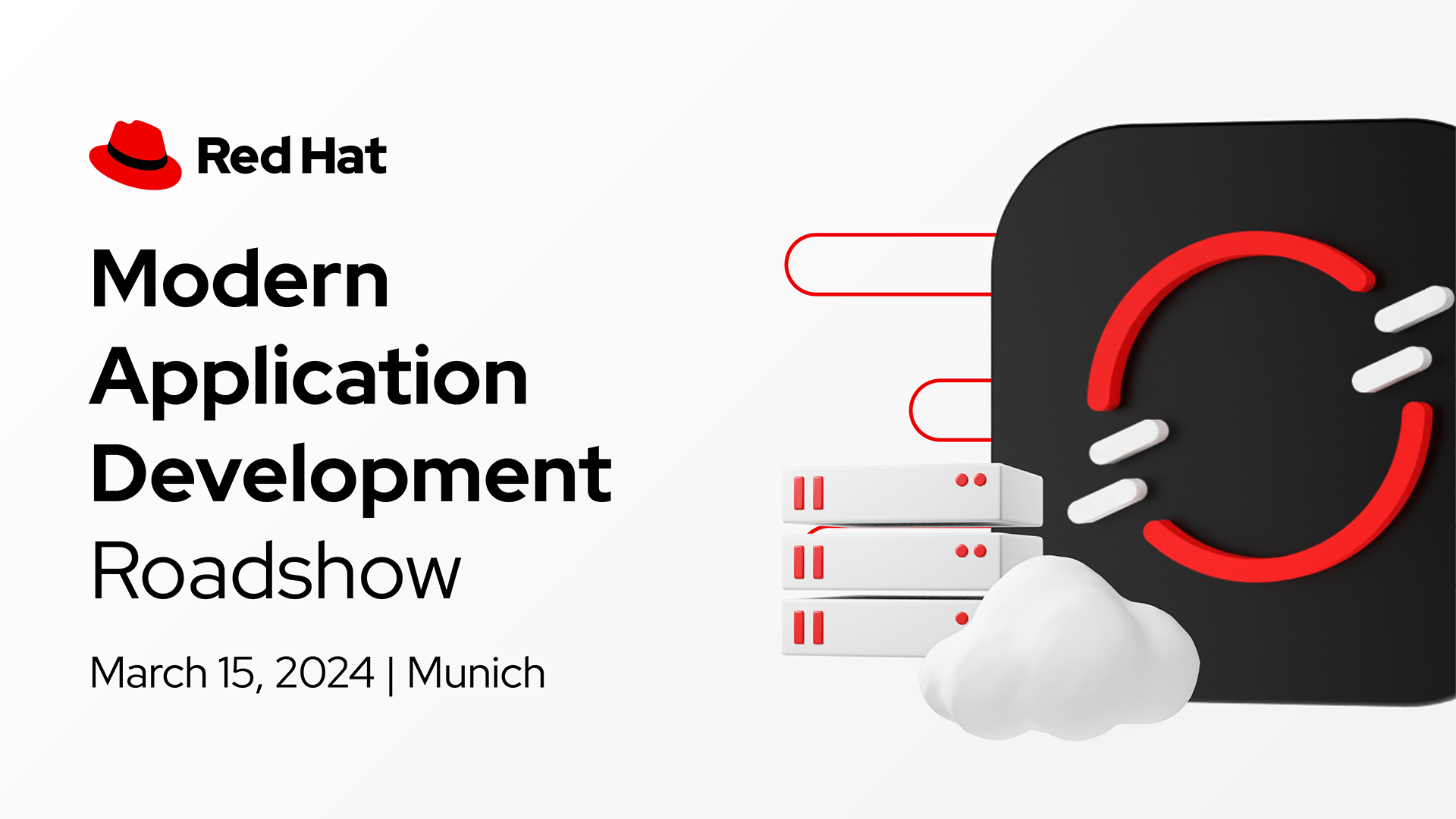 A social media ad for Modern Application Development Roadshow which shows the event name typed in Red Hat Display.