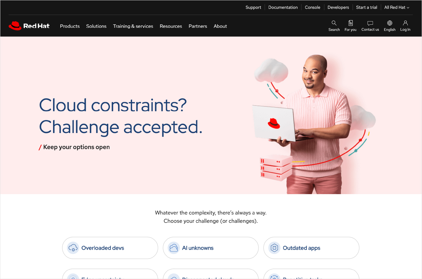 A screenshot shows the Red Hat solutions homepage featuring a large, prominent headline.
