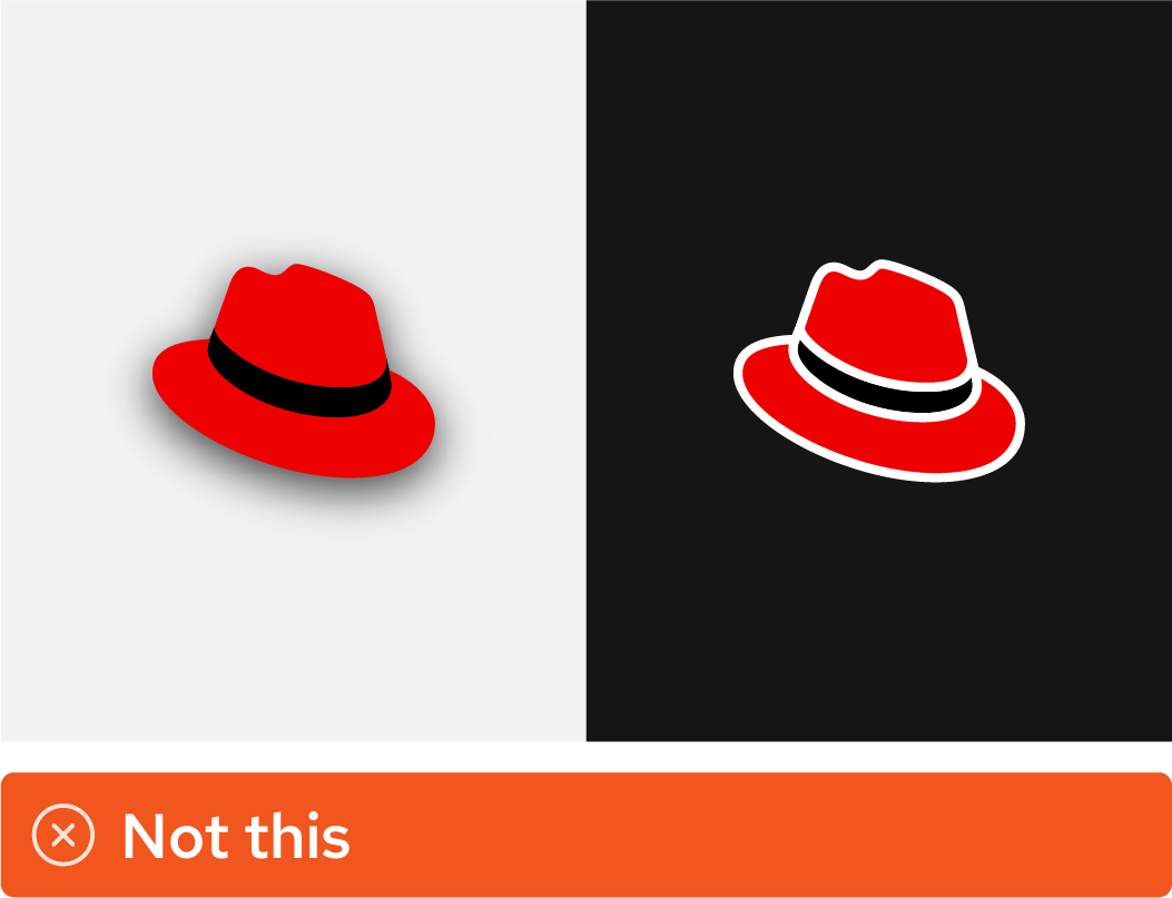 Imagen en la que se muestra un uso erróneo: el sombrero con sombra paralela y el sombrero con un contorno.