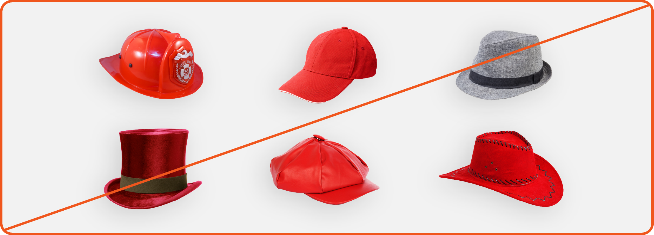 An image shows 6 hats: A firefighter helmet, a red ball cap, a gray fedora, a red top hat, a red leather cap, and a red cowboy hat.