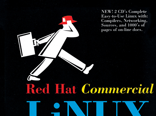 The “running man” logo featured on a Red Hat Commercial Linux CD case.