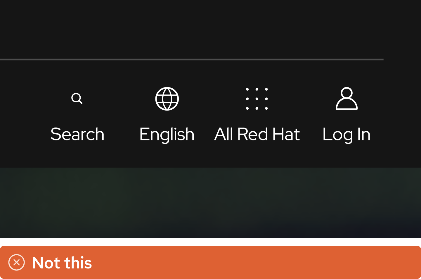 Image showing misuse: A screenshot of the masthead of the Red Hat homepage shows 1 button using a micron and 3 buttons using UI icons.