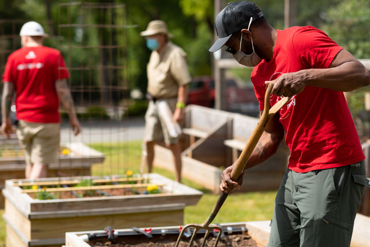 Freiwillige von Red&nbsp;Hat bauen in einem Community-Garten Gemüse an.
