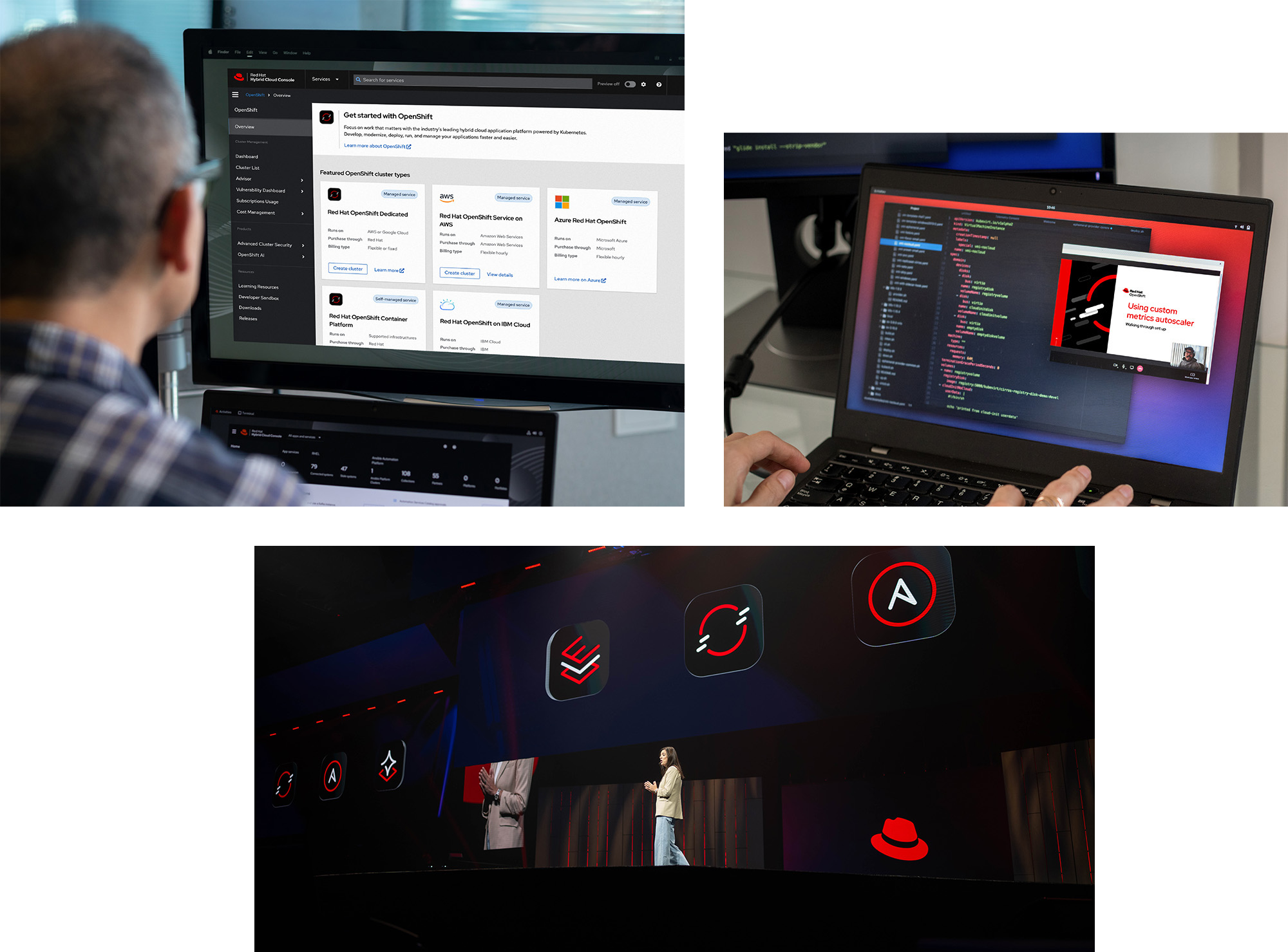A collage of various product branding elements, including a computer screen of a marketplace, a computer screen of an OpenShift presentation, and a Summit presentation. 