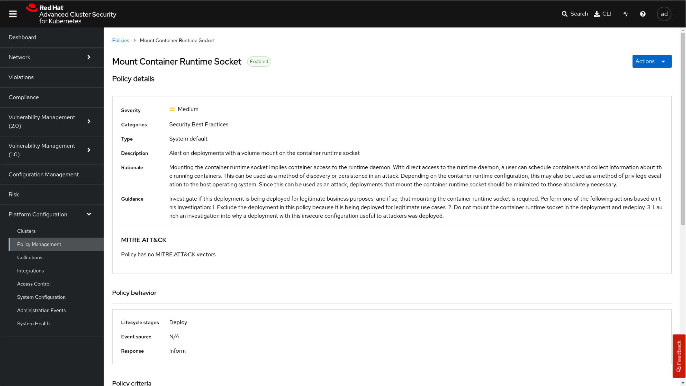 Figure 12. Mount container runtime socket policy view 