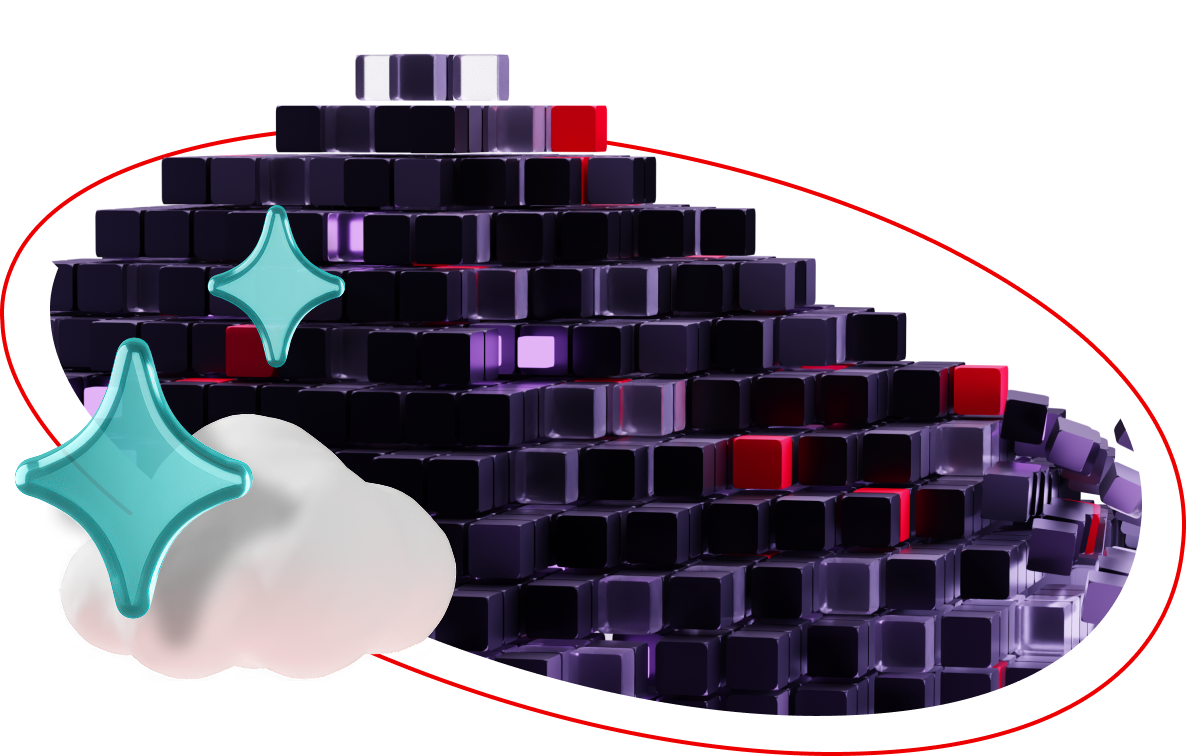 雲と輝きが浮かぶ楕円から積み重なる立方体が飛び出している