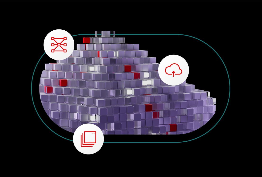 A collage featuring the AI platform artwork masked inside the pill base shape. 3 red icons are floating on top, each sitting on a white circle.