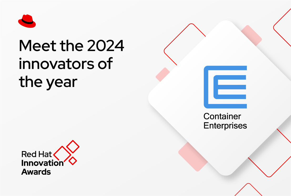 A social media image announces the innovators of the year in the Red Hat Innovation Awards 2024. A collage shows the company’s logo sitting on top of the square base shape with appropriate clear space.