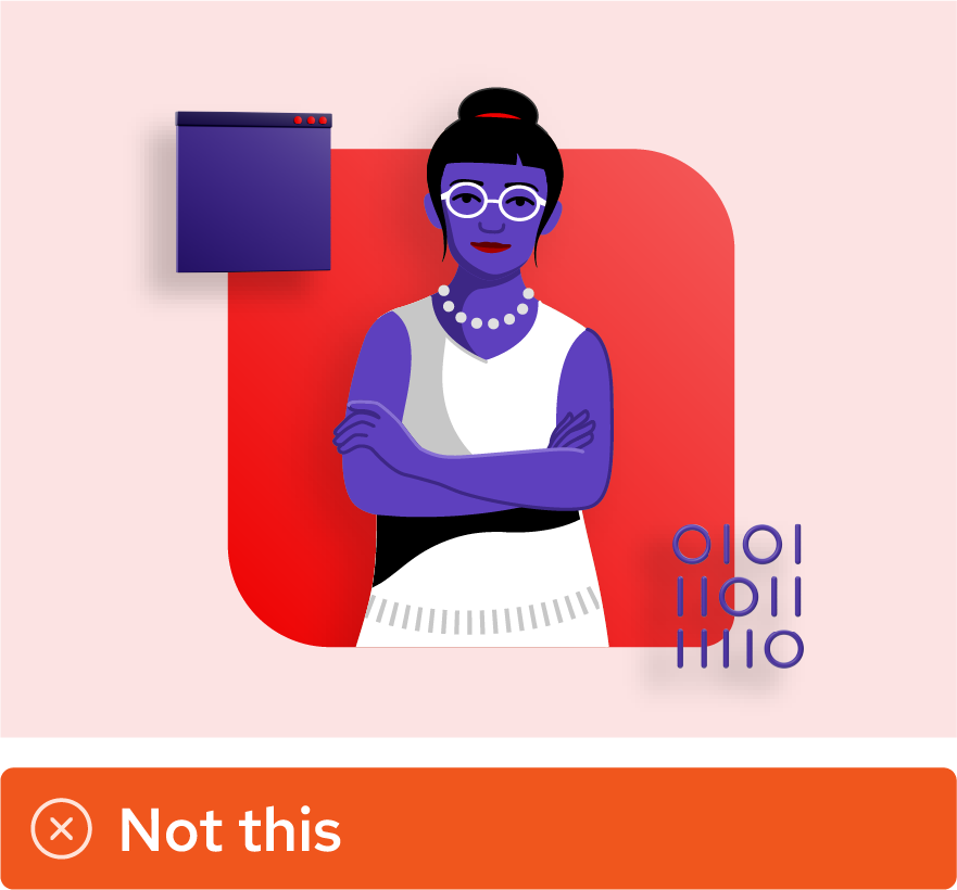 Image showing misuse: A collage featuring purple 3D elements and an illustration of a person with purple skin.