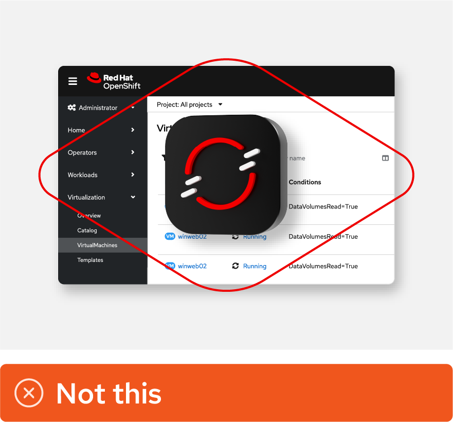 Image showing misuse: A collage showing an OpenShift product interface with a base shape and the OpenShift technology icon sitting on top, obscuring the interface.