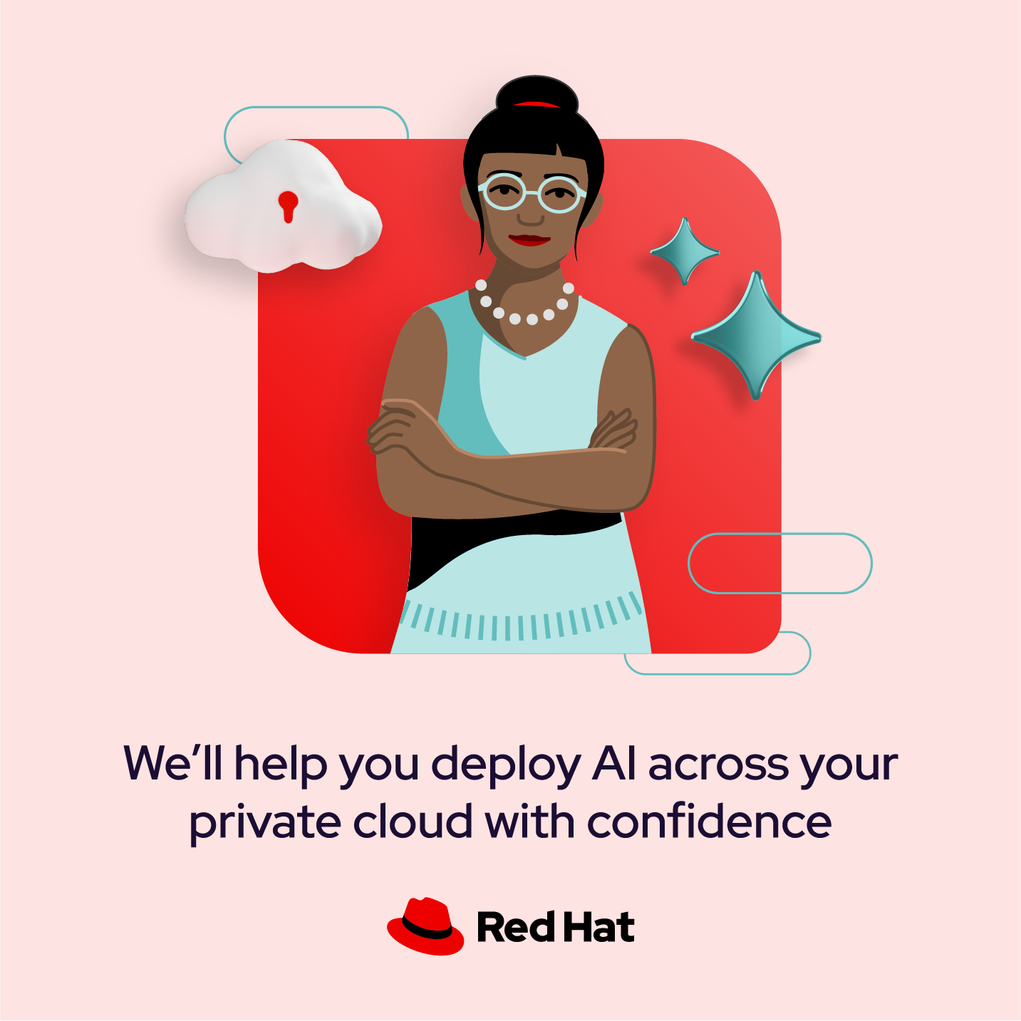 A collage features an illustrated woman wearing teal clothing placed on top of a red base shape. Around her there are private cloud and sparkle 3D objects floating around her.