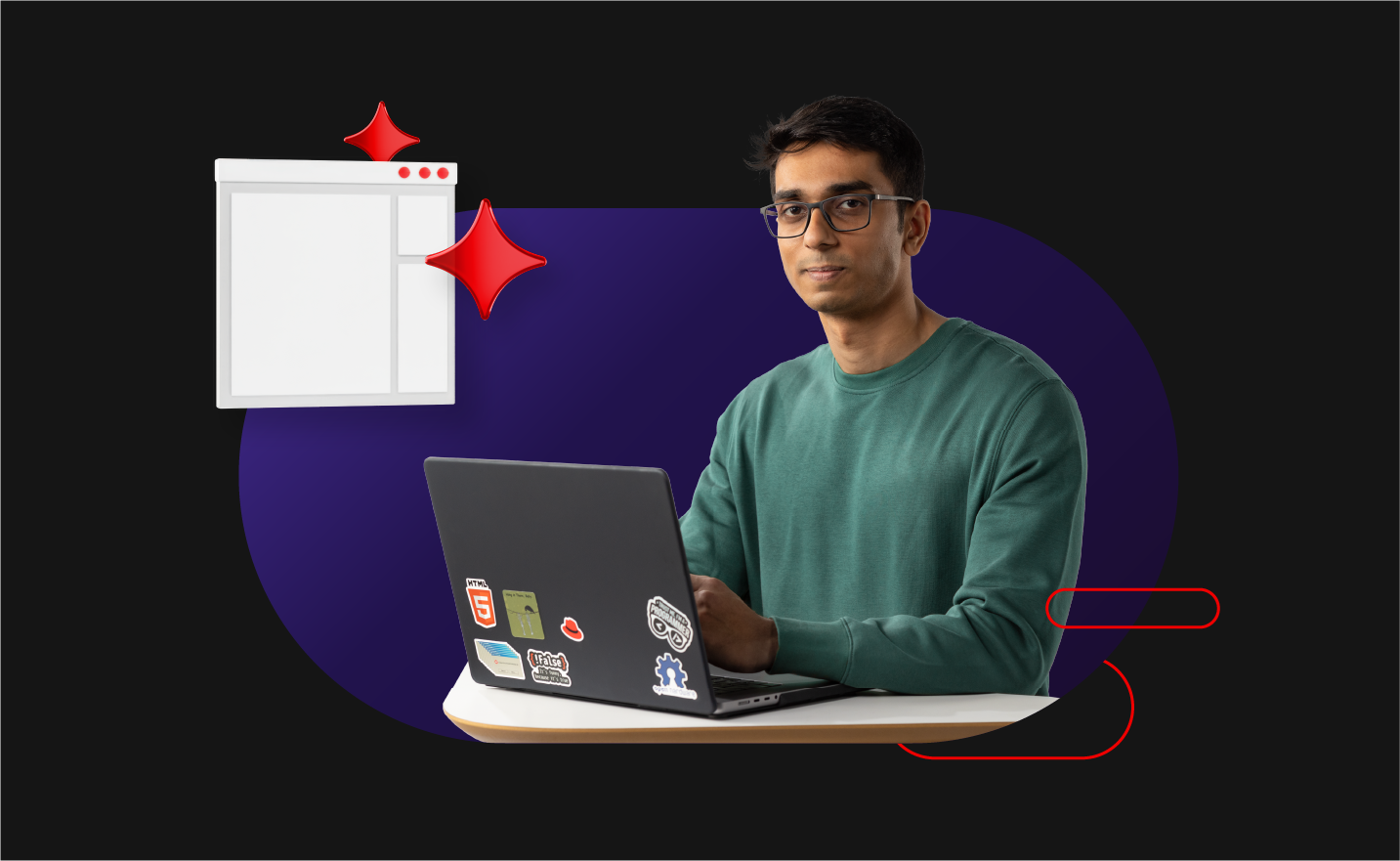 A collage featuring a man using a computer plus the 3D objects representing an app and AI.