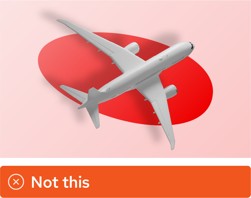 Image showing misuse: A 3D airplane with lighting coming from the upper left and a drop shadow cast towards the upper left.