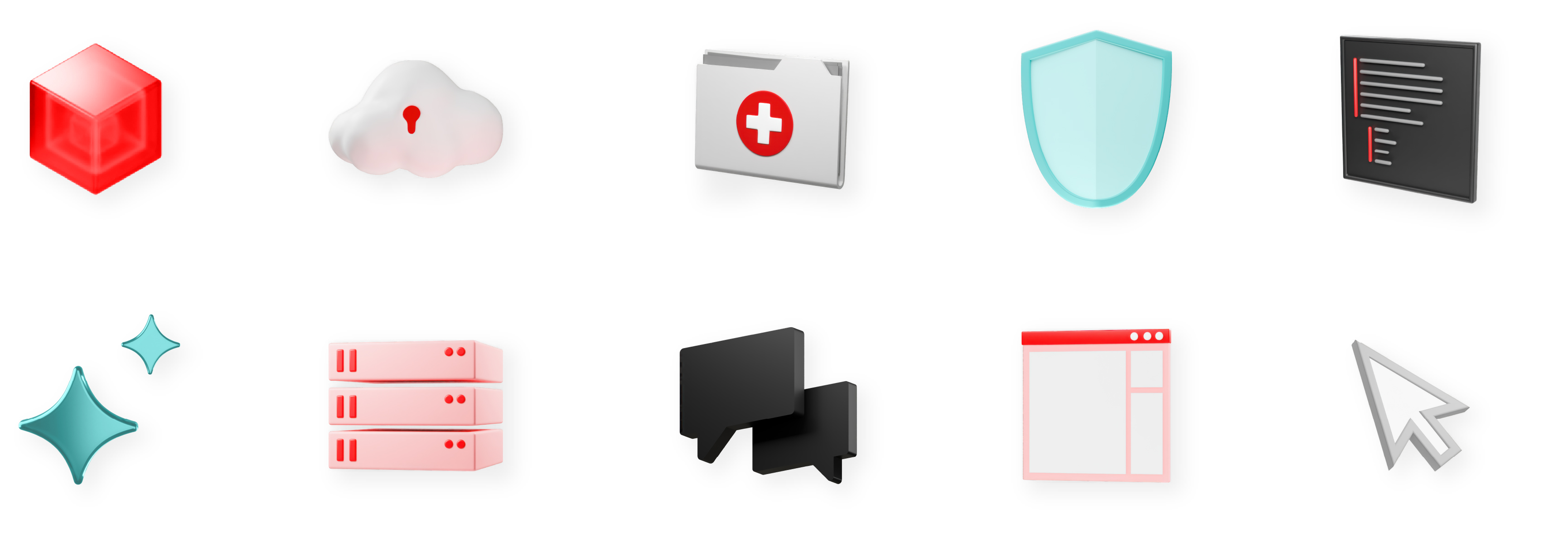 10 simple 3D objects with a drop shadow.