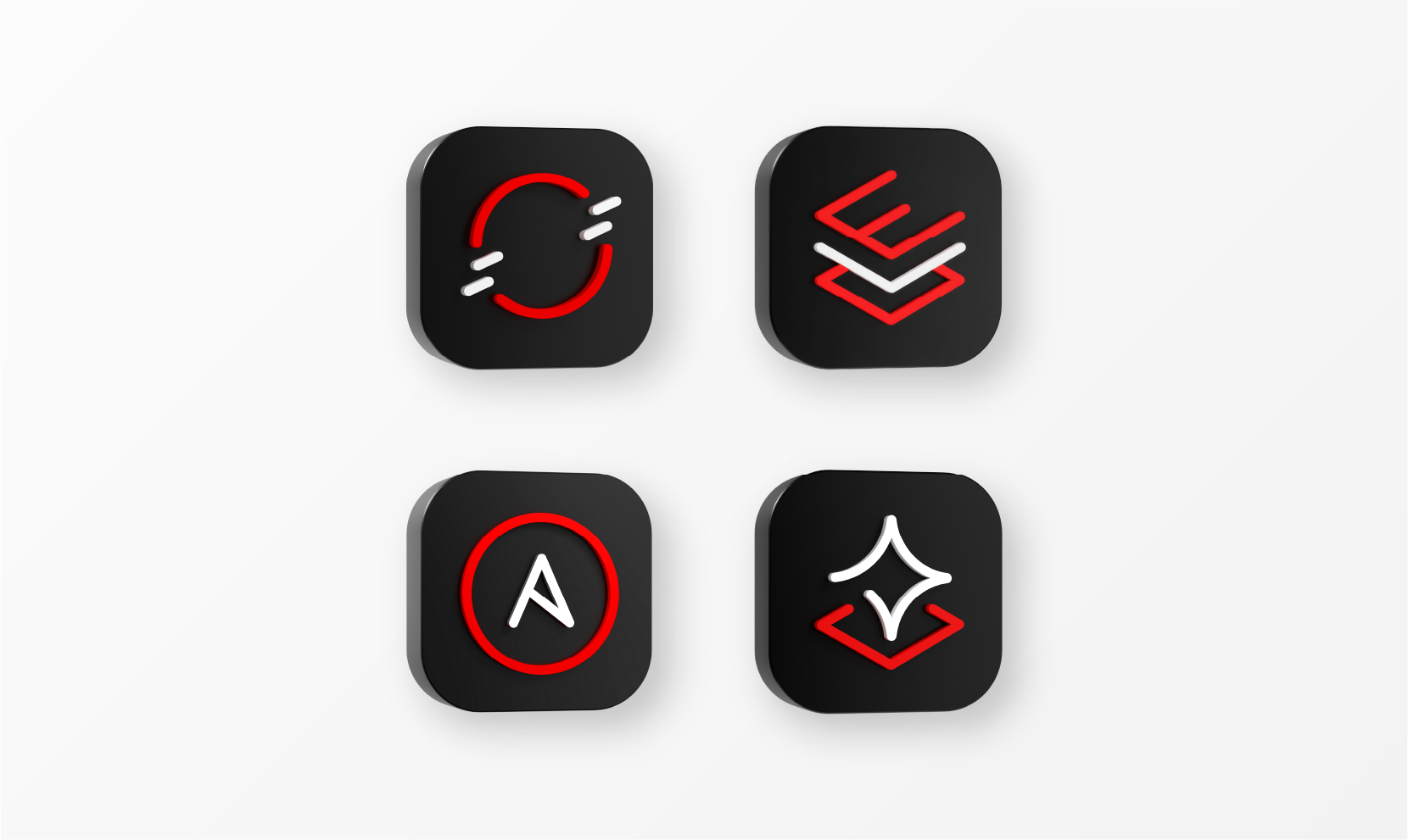 3D versions of the technology icons representing the 4 platform sub-brands: Red Hat Enterprise Linux, Red Hat OpenShift, Red Hat Ansible Automation Platform, and Red Hat AI.
