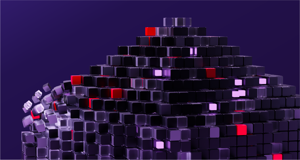 A mass of small cubes that are all the same size stacked in a pyramid shape. The cubes are red, black, and transparent glass texture.