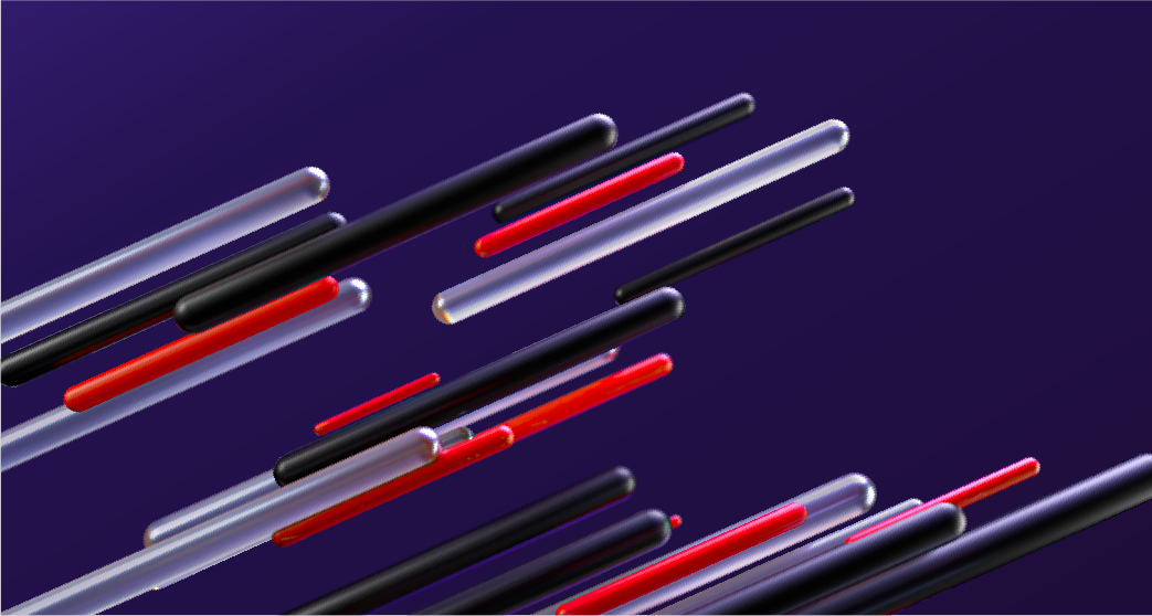 Pill shapes of various lengths entering the frame from the lower left corner at an angle. The pills are red, black, and transparent glass texture.