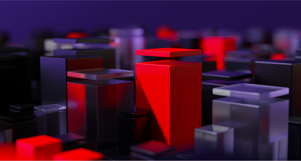 A 3D rendering of vertical rectangular prisms of various heights in red, black, and transparent glass texture. Some pillars have flatter rectangular prisms that represent platforms floating above them. The prisms fade into the background out of focus.