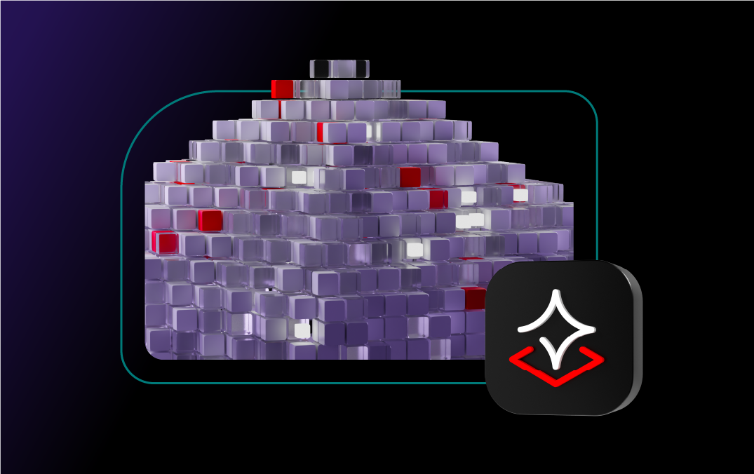 An image card shows the 3D platform art for AI masked inside of the rectangle base shape. The top of the art is extending out of the frame of the base shape to create depth. The Red Hat AI technology icon floats in front.
