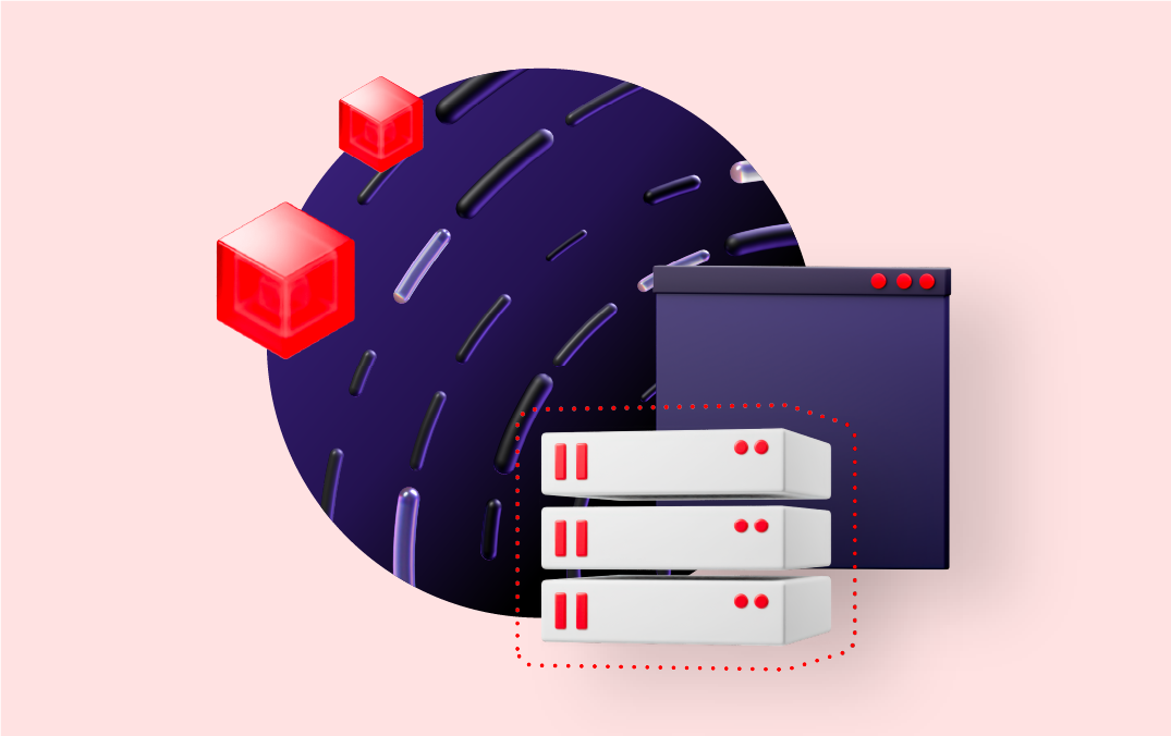 A collage features a virtual server, an app window, and containers floating in front of the circle base shape. The circle is filled with the tone-on-tone dark 3D platform art for application development on top of a purple background.