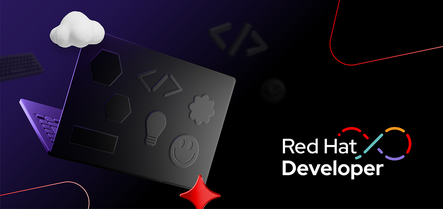 Ordinateur portable décoré avec des autocollants, avec des icônes de cloud et d'IA, et le logo Red Hat Developer