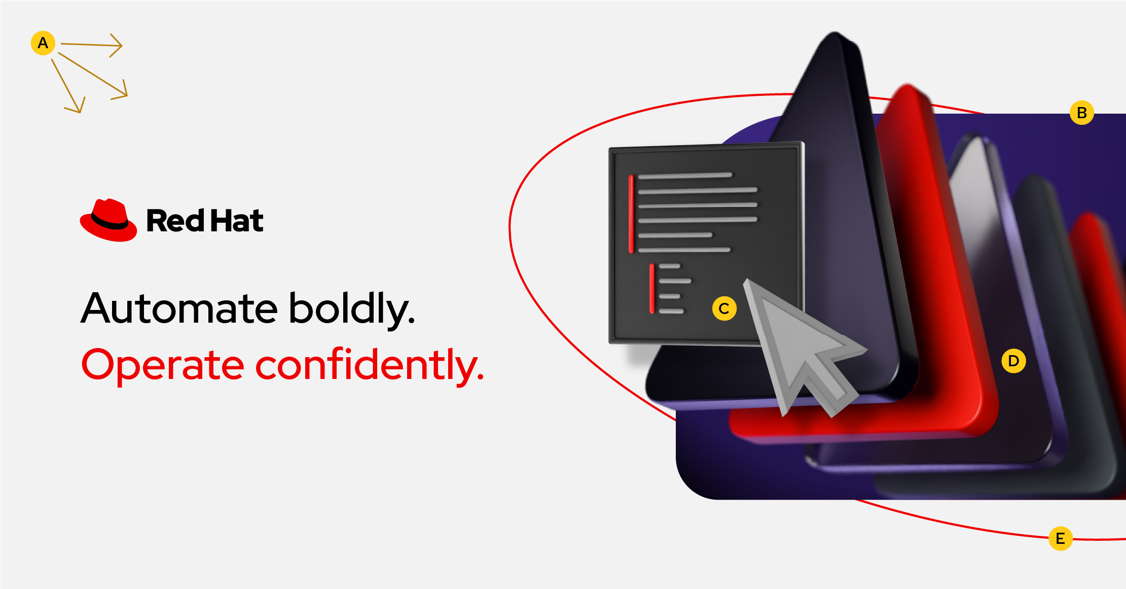 A collage shows the platform artwork representing automation masked inside a rectangle base shape, extending out of the frame. A 3D code window and cursor float in front of it. The lighting in the scene is from the upper left, as determined by the light in the platform art.