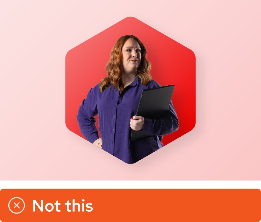 Image showing misuse: A collage uses a hexagon as a base shape behind a portrait of a woman.