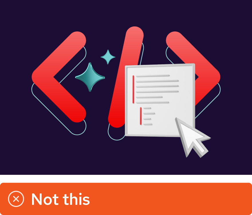 Image showing misuse: The icon representing code is enlarged and used as a base shape behind 3D objects.