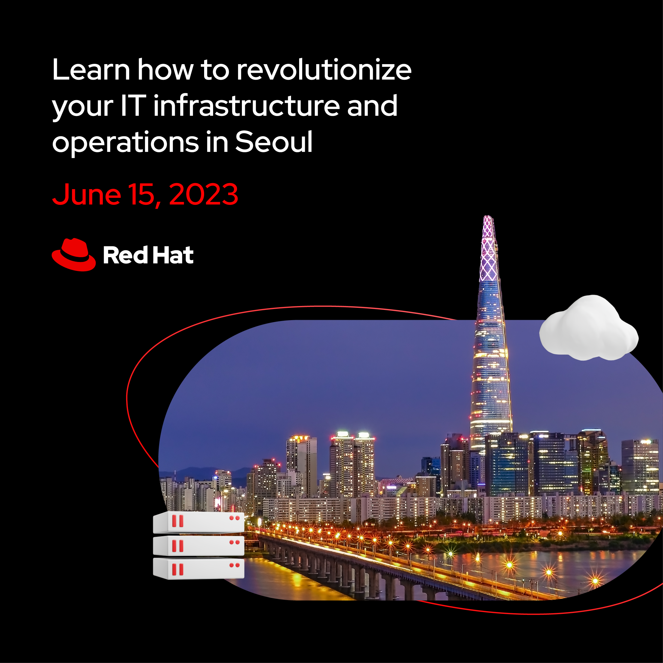 A social media ad for an event in Seoul, South Korea shows an image of the Seoul skyline masked inside of the pill base shape. The tallest building in the skyline breaks the frame of the base shape and extends upward.