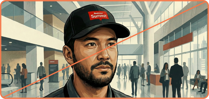 Image showing misuse: An AI-generated image of a man wearing a hat with an AI-generated version of the Red Hat Summit logo.