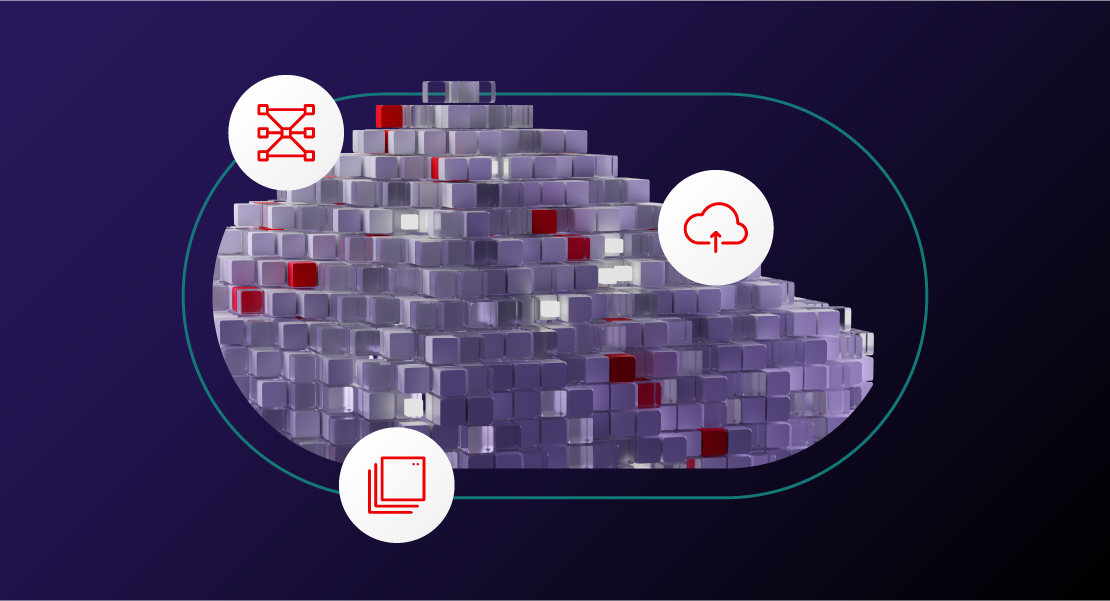 A hybrid style collage featuring the 3D platform art for AI. Three icons float on top of the art, each sitting on top of a white backing shape.