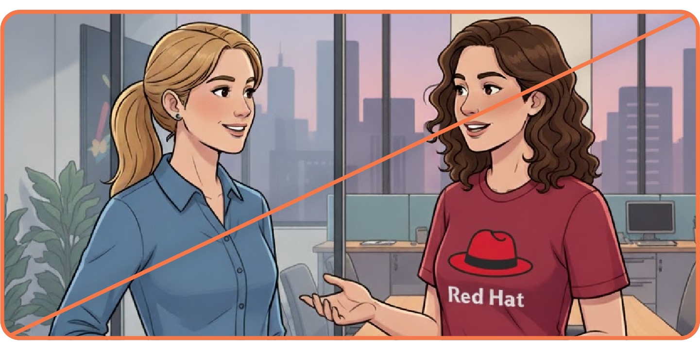 Image showing misuse: An AI-generated image showing 2 people talking in an office. The person on the right is wearing a t-shirt with an AI-generated Red Hat logo.