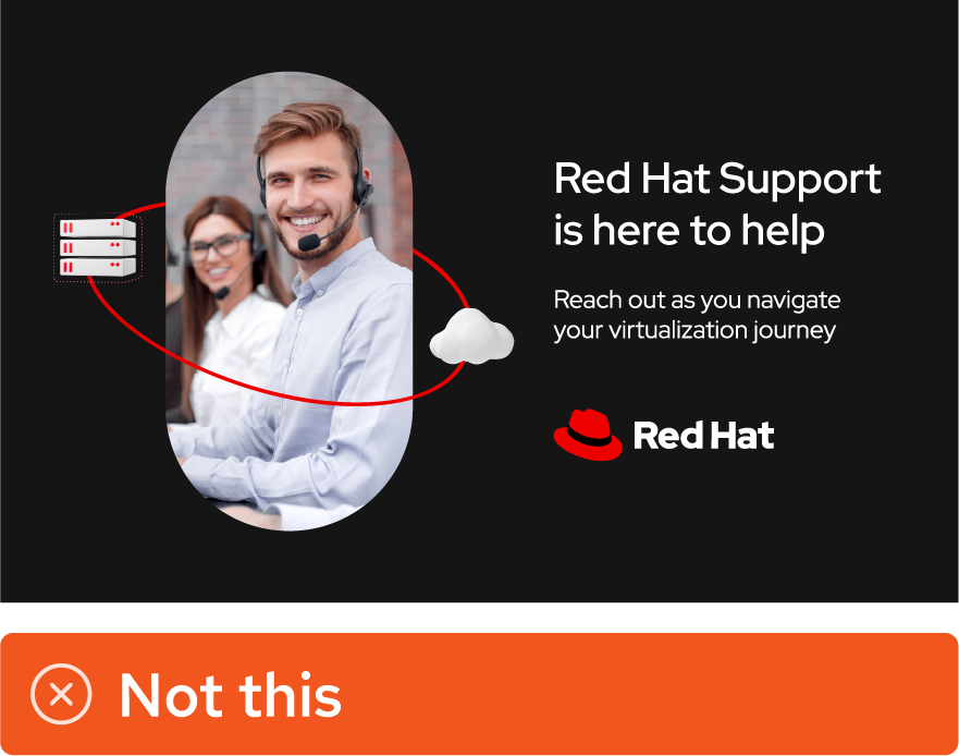 Image showing misuse: A social media image about Red Hat Support featuring a collage. The base shape in the collage is acting as a mask for a licensed stock photo of people smiling at the camera.