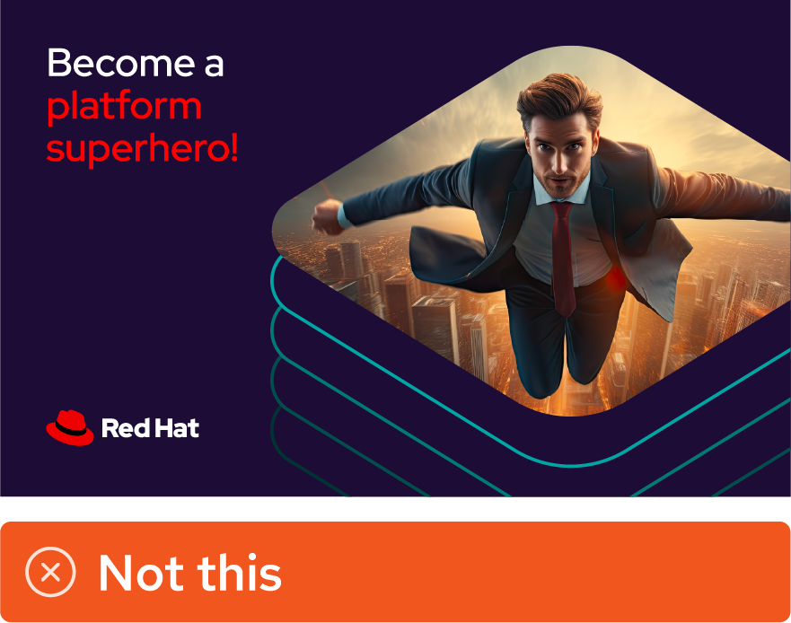 Image showing misuse: A social media image with the text “Become a platform superhero!” features a collage. The base shape is acting as a mask for an AI-generated image of a man in a suit flying over a city skyline.