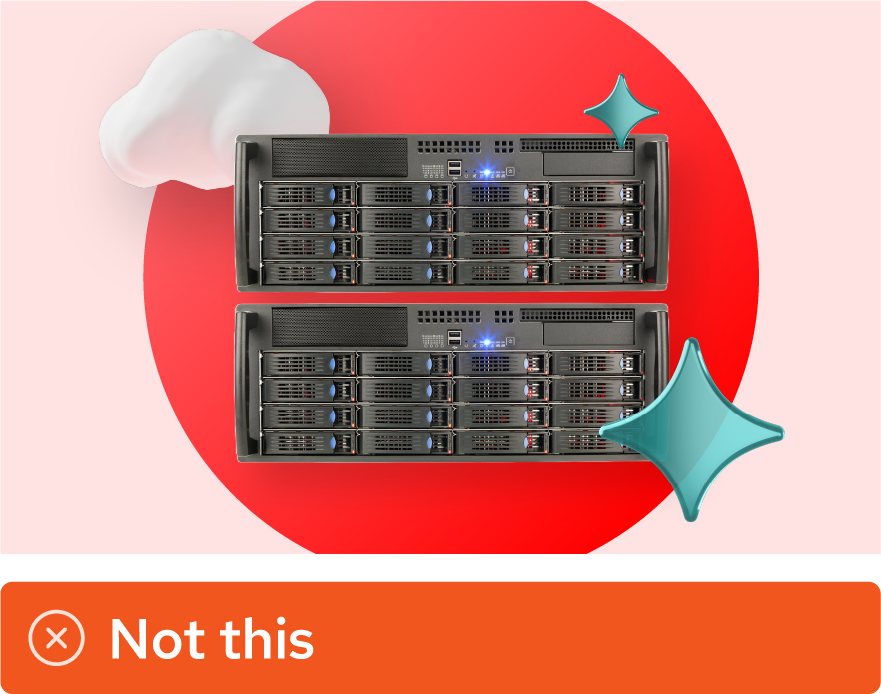 Image showing misuse: A collage features two photos of a server that have been cut out of a stock photo. The lighting on the servers does not match the lighting of the rest of the collage.