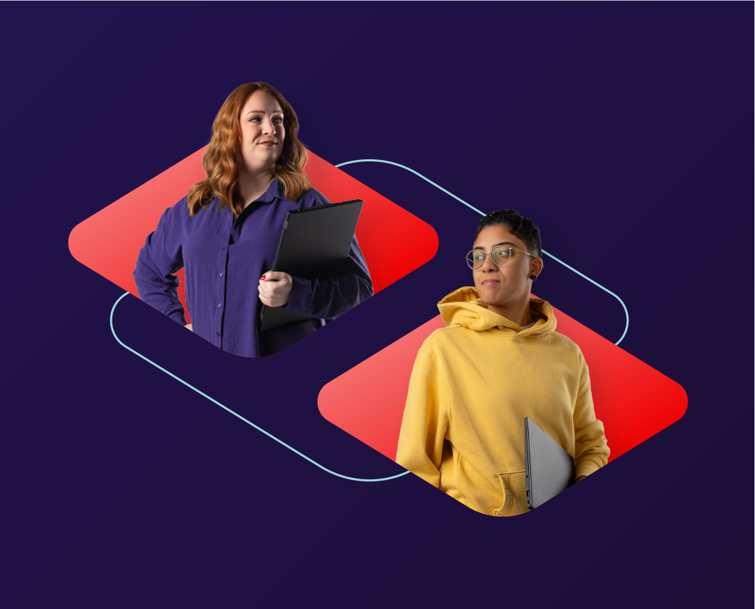 A collage shows two studio portraits. Each person has been masked inside a separate diamond base shape, which are placed on opposite sides of the collage.