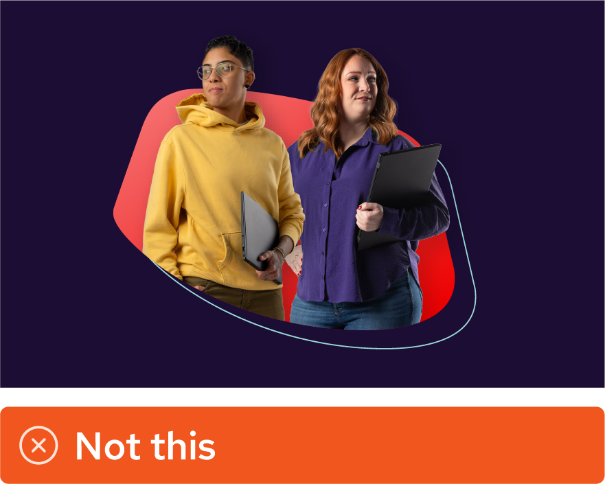 Image showing misuse: A collage that shows 2 studio portraits side by side inside the same base shape, as though they are in the same room together.